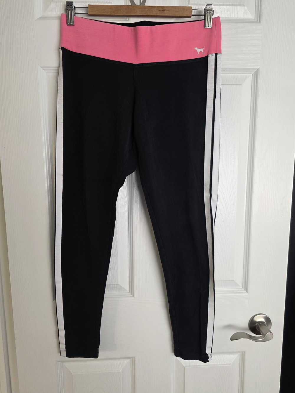 Victoria's Secret Black Leggings with Pink Waistband and White Side Stripes